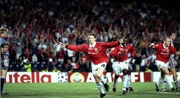 26 May 1999:  Ole Gunnar Solskjaer of Manchester United celebrates his late winner during the UEFA Champions League Final against Bayern Munich at the Nou Camp in Barcelona, Spain. United scored twice in injury time to win 2-1. \ Mandatory Credit: Ben Rad