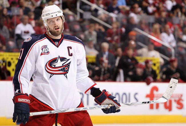 GLENDALE, AZ - MARCH 24:  Rick Nash #61 of the Columbus Blue Jackets during the NHL game against the Phoenix Coyotes at Jobing.com Arena on March 24, 2011 in Glendale, Arizona.  The Coyotes defeated the Blue Jackets 3-0.  (Photo by Christian Petersen/Gett