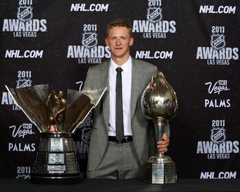 LAS VEGAS, NV - JUNE 22:  Corey Perry of the Anaheim Ducks poses after winning the Maurice ‘Rocket’ Richard Trophy and the Hart Memorial Trophy during the 2011 NHL Awards at The Pearl concert theater at the Palms Casino Resort June 22, 2011 in Las Vegas,