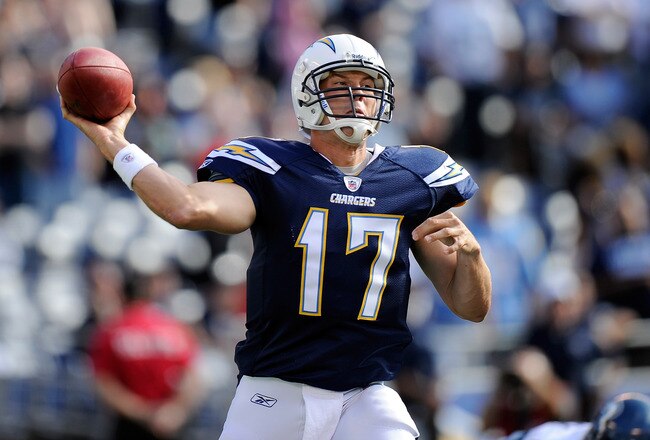 SAN DIEGO, CA - AUGUST 11:  Philip Rivers #17 of the San Diego Chargers throws a pass in the first quarter against the Seattle Seahawks during the NFL preseason game at Qualcomm Stadium on August 11, 2011 in San Diego, California.  (Photo by Kevork Djanse