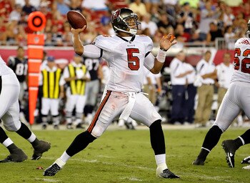 TAMPA, FL - AUGUST 18:  Quarterback Josh Freeman #5 of the Tampa Bay Buccaneers throws a pass against the New England Patriots during a preseason game at Raymond James Stadium on August 18, 2011 in Tampa, Florida.  (Photo by J. Meric/Getty Images)