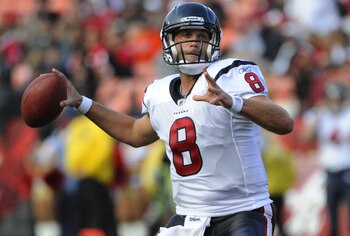 SAN FRANCISCO - AUGUST 27: Matt Schaub #8 of the Houston Texans drops back to pass against the San Francisco 49ers during an NFL pre-season football game at Candlestick Park August 27, 2011 in San Francisco, California. (Photo by Thearon W. Henderson/Gett