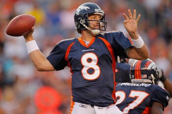 DENVER, CO - AUGUST 20:  Quarterback Kyle Orton #8 of the Denver Broncos passes against the Buffalo Bills during the first quarter at Sports Authority Field at Mile High on August 20, 2011 in Denver, Colorado. (Photo by Justin Edmonds/Getty Images)