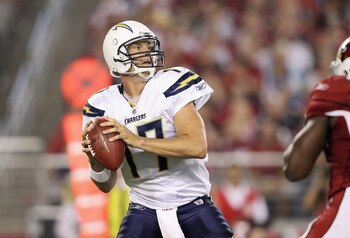 GLENDALE, AZ - AUGUST 27:  Quarterback Philip Rivers #17 of the San Diego Chargers drops back to pass during the preseason NFL game against the Arizona Cardinals at the University of Phoenix Stadium on August 27, 2011 in Glendale, Arizona.   The Chargers