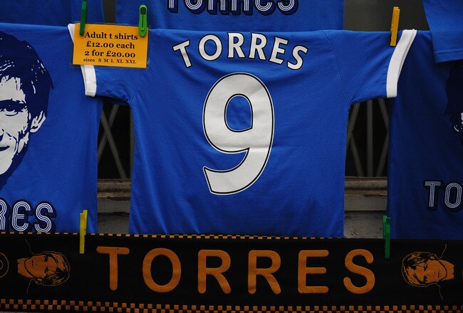 LONDON, ENGLAND - FEBRUARY 06:  Fernando Torres merchandise on sale prior to the Barclays Premier League match between Chelsea and Liverpool at Stamford Bridge on February 6, 2011 in London, England. Fernando Torres is Chelsea's new £50 million pound sign