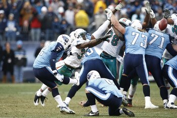 NASHVILLE, TN - DECEMBER 20: Rob Bironas #2 of the Tennessee Titans kicks the game winning field goal in overtime against the Miami Dolphins at LP Field on December 20, 2009 in Nashville, Tennessee. The Titans defeated the Dolphins 27-24. (Photo by Joe Ro