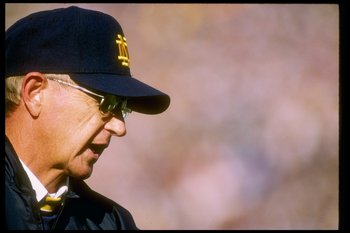 23 Sep 1989:  Coach Lou Holtz of the Notre Dame Fighting Irish watches his players during a game against the Michigan State Spartans at Notre Dame Stadium in South Bend, Indiana.  Notre Dame won the game 21-13. Mandatory Credit: Jonathan Daniel  /Allsport