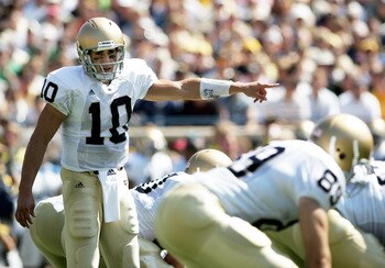 ANN ARBOR, MI - SEPTEMBER 10:  Brady Quinn #10 of the Notre Dame Fighting Irish calls out a play against the Michigan Wolverines on September 10, 2005 at Michigan Stadium in Ann Arbor, Michigan.( Photo by Jonathan Ferrey/Getty Images).  (Photo by Jonathan