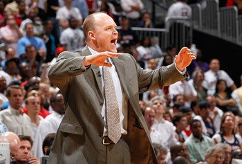 ATLANTA - APRIL 28:  Head coach Scott Skiles of the Milwaukee Bucks yells to his team during the game against the Atlanta Hawks in Game Five of the Eastern Conference Quarterfinals of the 2010 NBA Playoffs at Philips Arena on April 28, 2010 in Atlanta, Ge