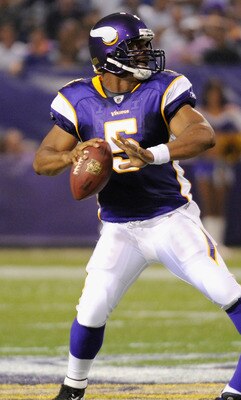 MINNEAPOLIS, MN - AUGUST 27: Donovan McNabb #5 of the Minnesota Vikings looks to pass against the Dallas Cowboys on August 27, 2011 at Hubert H. Humphrey Metrodome in Minneapolis, Minnesota. (Photo by Hannah Foslien/Getty Images)