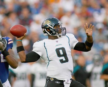 ORCHARD PARK, NY - AUGUST 27: David Garrard #9 of the Jacksonville Jaguars throws against the Jacksonville Jaguars at Ralph Wilson Stadium on August 27, 2011 in Orchard Park, New York.  (Photo by Rick Stewart/Getty Images)