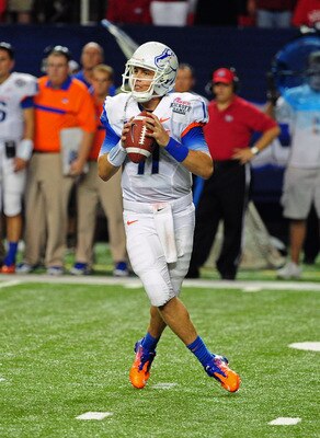 ATLANTA - SEPTEMBER 3: Kellen Moore #11 of the Boise State Broncos passes against the Georgia Bulldogs during the Chick-Fil-A Kickoff Game at the Georgia Dome on September 3, 2011 in Atlanta, Georgia. (Photo by Scott Cunningham/Getty Images)