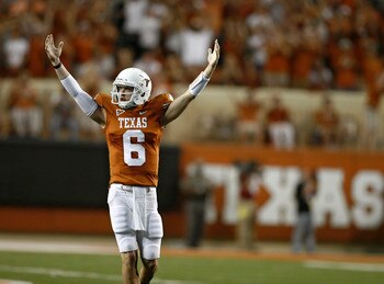 AUSTIN, TX - SEPTEMBER 10:  Backup quarterback Case McCoy #6 of the Texas Longhorns signals victory over BYU Cougars as time runs out on September 10, 2011 at Darrell K. Royal-Texas Memorial Stadium in Austin, Texas. Texas defeated BYU 17-16.  (Photo by E