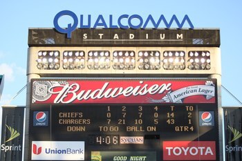SAN DIEGO - NOVEMBER 29:  A general view of the scoreboard after the NFL game between the Kansas City Chiefs and the San Diego Chargers on November 29, 2009 at Qualcomm Stadium in San Diego, California. The Chargers defeated the Chiefs 43-14. (Photo By Do