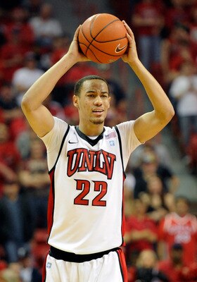LAS VEGAS, NV - JANUARY 22:  Chace Stanback #22 of the UNLV Rebels looks to pass during a game against the New Mexico Lobos at the Thomas & Mack Center January 22, 2011 in Las Vegas, Nevada. UNLV won 63-62.  (Photo by Ethan Miller/Getty Images)