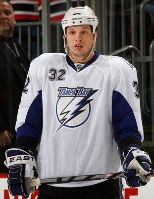 NEWARK, NJ - MARCH 02:  Matt Smaby #32 of the Tampa Bay Lightning prepares for a faceoff during an NHL hockey game against the New Jersey Devils at the Prudential Center on March 2, 2011 in Newark, New Jersey.  (Photo by Paul Bereswill/Getty Images)