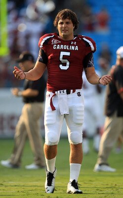 CHARLOTTE, NC - SEPTEMBER 03:  Stephen Garcia #5 of the South Carolina Gamecocks during their game against the East Carolina Pirates at Bank of America Stadium on September 3, 2011 in Charlotte, North Carolina.  (Photo by Streeter Lecka/Getty Images)