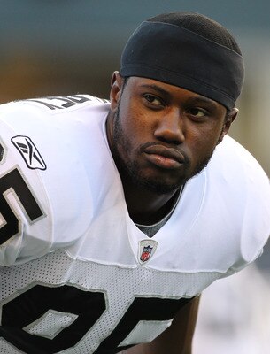 SEATTLE, WA - SEPTEMBER 02:  Wide receiver Darrius Heyward-Bey #85 of the Oakland Raiders looks on prior to the game against the Seattle Seahawks at CenturyLink Field on September 2, 2011 in Seattle, Washington. (Photo by Otto Greule Jr/Getty Images)
