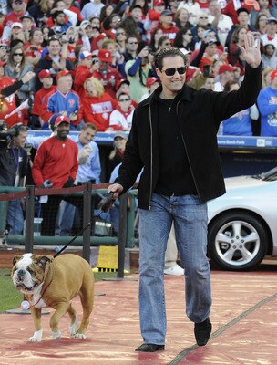 PHILADELPHIA, PA - OCTOBER 31: Philadelphia Phillies Pat Burrell and his dog Elvis arrive at a victory rally at Citizens Bank Park October 31, 2008 in Philadelphia, Pennsylvania. The Phillies defeated the Tampa Bay  Rays to win their first World Series in