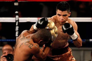 NEW YORK - MAY 15:  Victor Ortiz (R) hits Nate Campbell during the super lightweight fight at Madison Square Garden on May 15, 2010 in New York City.  (Photo by Chris Trotman/Getty Images)