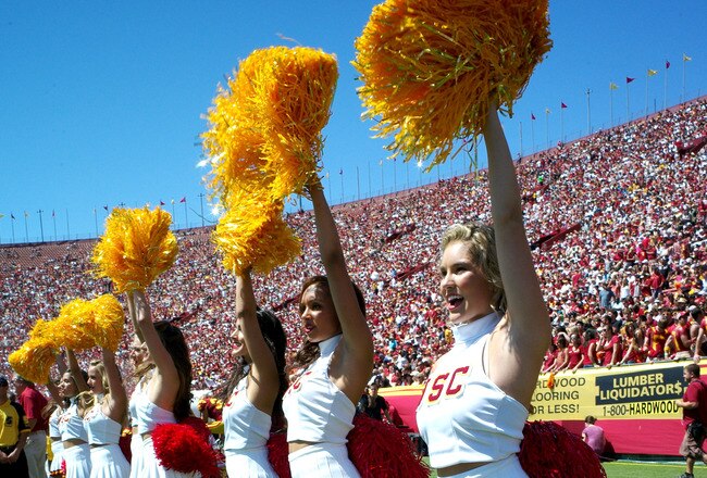 LOS ANGELES - SEPTEMBER 3:  The USC Trojans Song Girls perform during the game with the Minnesota Golden Gophers at the Los Angeles Memorial Coliseum on September 3, 2011 in Los Angeles, California. USC won 19-17.   (Photo by Stephen Dunn/Getty Images)