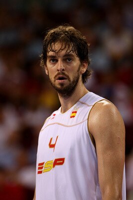 BEIJING - AUGUST 22:  Pau Gasol #4 of Spain moves looks on against Lithuania during a men's semifinal baketball game at the Wukesong Indoor Stadium on Day 14 of the Beijing 2008 Olympic Games on August 22, 2008 in Beijing, China.  (Photo by Ezra Shaw/Gett
