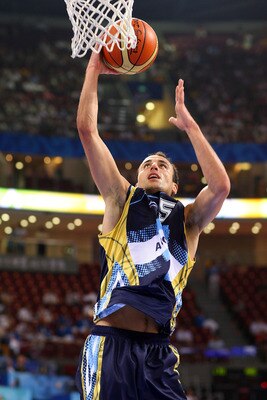 BEIJING - AUGUST 10:  Manu Ginobili #5 of Argentina goes up for a layup against Lithuania during the day 2 preliminary game at the Beijing 2008 Olympic Games in the Beijing Olympic Basketball Gymnasium on August 10, 2008 in Beijing, China.  (Photo by Phil