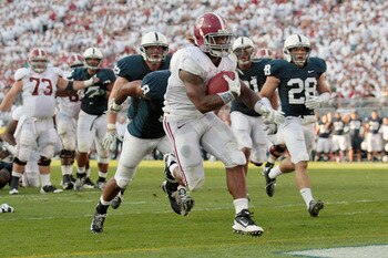 STATE COLLEGE, PA - SEPTEMBER 10:  Running back Trent Richardson #3 of the Alabama Crimson Tide crosses the goal line for a touchdown against the Penn State Nittany Lions during the second half at Beaver Stadium on September 10, 2011 in State College, Pen