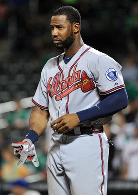 NEW YORK, NY - SEPTEMBER 08: Jason Heyward #22 of the Atlanta Braves reacts after striking out during the game against the New York Mets at Citi Field on September 8, 2011 in the Flushing neighborhood of the Queens borough of New York City. (Photo by Chri