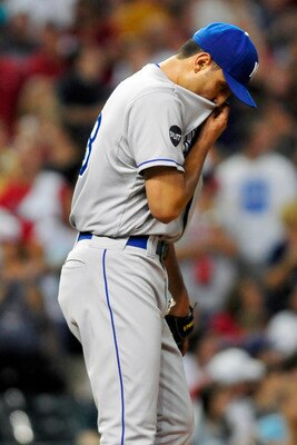 CLEVELAND, OH - JULY 30: Joakim Soria #48 of the Kansas City Royals reacts to giving up a run to tie the game in the ninth inning against the Cleveland Indians at Progressive Field on July 30, 2011 in Cleveland, Ohio. The Indians defeated the Royals 5-2.
