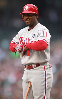 SEATTLE - JUNE 17:  Jimmy Rollins #11 of the Philadelphia Phillies reacts after striking out to end the third inning against the Seattle Mariners at Safeco Field on June 17, 2011 in Seattle, Washington. (Photo by Otto Greule Jr/Getty Images)