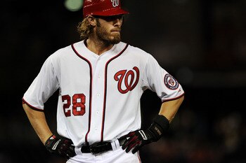 WASHINGTON, DC - SEPTEMBER 2: Jayson Werth #28 of the Washington Nationals shows his emotion after the fifth inning is retired against the New York Mets at Nationals Park on September 2, 2011 in Washington, DC. The New York Mets won, 7-3. (Photo by Patric