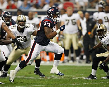 HOUSTON - AUGUST 20:  Running back Arian Foster #23 of the Houston Texans breaks loose on a 28 yard run against the New Orleans Saints at Reliant Stadium on August 20, 2011 in Houston, Texas.  (Photo by Bob Levey/Getty Images)