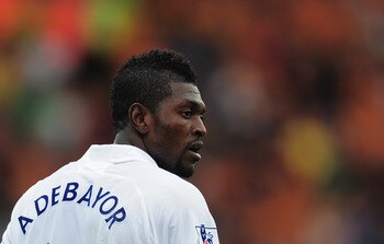 WOLVERHAMPTON, ENGLAND - SEPTEMBER 10:  Emmanuel Adebayor of Tottenham Hotspur looks on during the Barclays Premier League match between Wolverhampton Wanderers and Tottenham Hotspur at Molineux on September 10, 2011 in Wolverhampton, England.  (Photo by