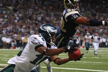 ST. LOUIS - SEPTEMBER 11: DeSean Jackson #10 of the Philadelphia Eagles attempts to catch a touchdown pass against Bradley Fletcher #32 of the St. Louis Rams at the Edward Jones Dome on September 11, 2011 in St. Louis, Missouri. The Eagles beat the Rams 3