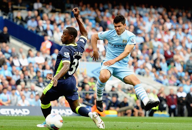 MANCHESTER, ENGLAND - SEPTEMBER 10:  Sergio Aguero of Manchester city fires home the first goal during the Barclays Premier League match between Manchester City and Wigan Athletic at Etihad Stadium on September 10, 2011 in Manchester, England.  (Photo by