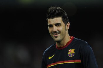 BARCELONA, SPAIN - AUGUST 29:  David Villa of FC Barcelona looks on during teh warm up prior the La Liga match between FC Barcelona and Villarreal CF at Camp Nou on August 29, 2011 in Barcelona, Spain.  (Photo by David Ramos/Getty Images)