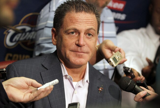 CLEVELAND - OCTOBER 27:  Majority owner Dan Gilbert of the Cleveland Cavaliers talks to the media prior to playing the Boston Celtics in the Cavaliers 2010 home opner at Quicken Loans Arena on October 27, 2010 in Cleveland, Ohio.  NOTE TO USER: User expre