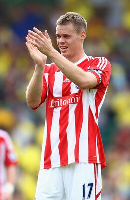 NORWICH, ENGLAND - AUGUST 21:  Ryan Shawcross of Stoke thanks the support after the Barclay's premier league match between Norwich and Stoke City at Carrow Road on August 21, 2011 in Norwich, England.  (Photo by Julian Finney/Getty Images)