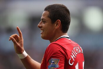 BOLTON, ENGLAND - SEPTEMBER 10:  Javier Hernandez of Manchester United during the Barclays Premier League at the Reebok Stadium on September 10, 2011 in Bolton, England.  (Photo by Michael Steele/Getty Images)