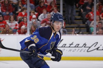 DETROIT, MI - MARCH 30:  Matt D'Agostini #36 of the St. Louis Blues looks on the Detroit Red Wings at Joe Louis Arena on March 30, 2011 in Detroit, Michigan.  (Photo by Gregory Shamus/Getty Images)
