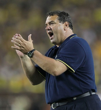 ANN ARBOR, MI - SEPTEMBER 10:  University of Michigan head coach Brady Hoke watches the action during the game against the Notre Dame Fighting at Michigan Stadium on September 10, 2011 in Ann Arbor, Michigan.  (Photo by Leon Halip/Getty Images)