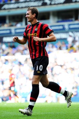 LONDON, ENGLAND - AUGUST 28:  Edin Dzeko of Manchester City celebrates scoring his fourth goal  during the Barclays Premier League match between Tottenham Hotspur and Manchester City at White Hart Lane on August 28, 2011 in London, England.  (Photo by Mic