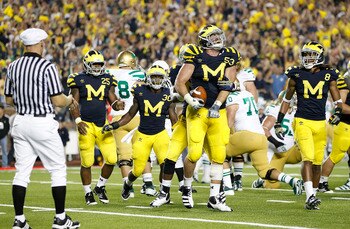 ANN ARBOR, MI - SEPTEMBER 10: Ryan Van Bergen #53 of the University of Michigan celebrates a fourth quarter fumble recovery during the game against the Notre Dame Irish at Michigan Stadium on September 10, 2011 in Ann Arbor, Michigan. The Wolverines defea