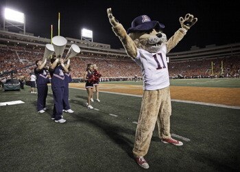 STILLWATER, OK - SEPTEMBER 8:  Arizona Wildcats cheerleaders and mascot Wilbur performs during the game against the Oklahoma State Cowboys on September 8, 2011 at Boone Pickens Stadium in Stillwater, Oklahoma.  Oklahoma State defeated Arizona 37-14.  (Pho