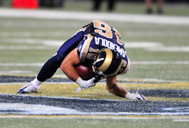 ST. LOUIS, MO - SEPTEMBER 11: Danny Amendola #16 of the St. Louis Rams dislocates his elbow during a game against the Philadelphia Eagles at the Edward Jones Dome on September 11, 2011 in St. Louis, Missouri. The Eagles defeated the Rams 31-15. (Photo by