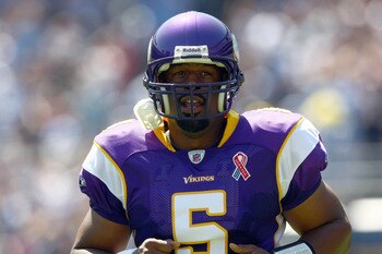 SAN DIEGO, CA - SEPTEMBER 11:  Donovan McNabb #5 of the Minnesota Vikings looks on from the field against the San Diego Chargers during their season opener on September 11, 2011 at Qualcomm Stadium in San Diego, California. (Photo by Donald Miralle/Getty
