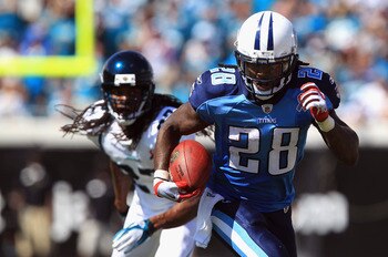 JACKSONVILLE, FL - SEPTEMBER 11:  Chris Johnson #28 of the Tennessee Titans runs with the ball against the Jacksonville Jaguars during their season opener at EverBank Field on September 11, 2011 in Jacksonville, Florida.  (Photo by Streeter Lecka/Getty Im