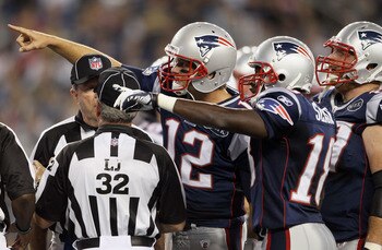FOXBORO, MA - SEPTEMBER 01:  Tom Brady #12 and  Matthew Slater #18 of the New England Patriots react after the play is initially called short in the endzone against the New York Giants on September 1, 2011 at Gillette Stadium in Foxboro, Massachusetts.The