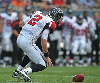 CHICAGO, IL - SEPTEMBER 11: Matt Ryan #46 of the Atlanta Falcons fumbles the ball against the Chicago Bears at Soldier Field on September 11, 2011 in Chicago, Illinois. The Bears defeated the Falcons 30-12. (Photo by Jonathan Daniel/Getty Images)